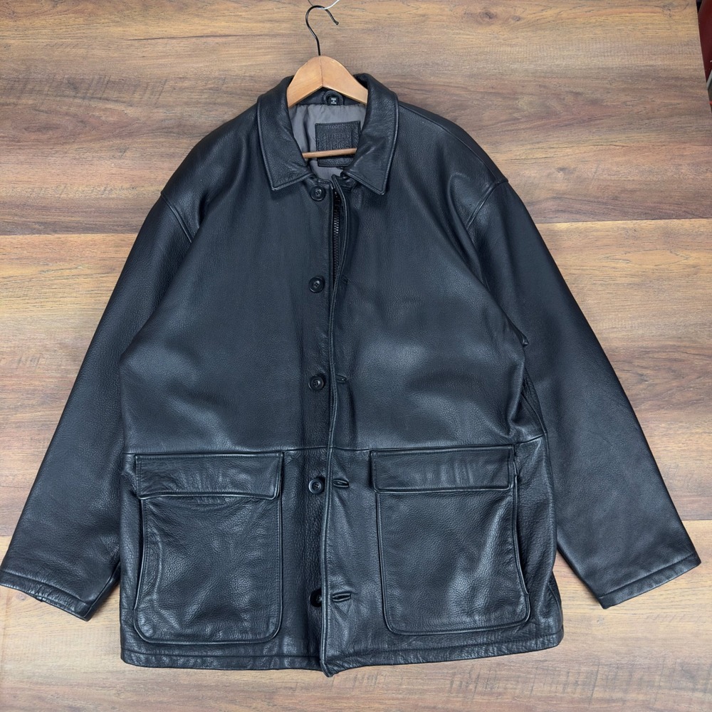 Field Gear Mens Black Leather Barn Coat Jacket‎ Full Zip Button Front Medium